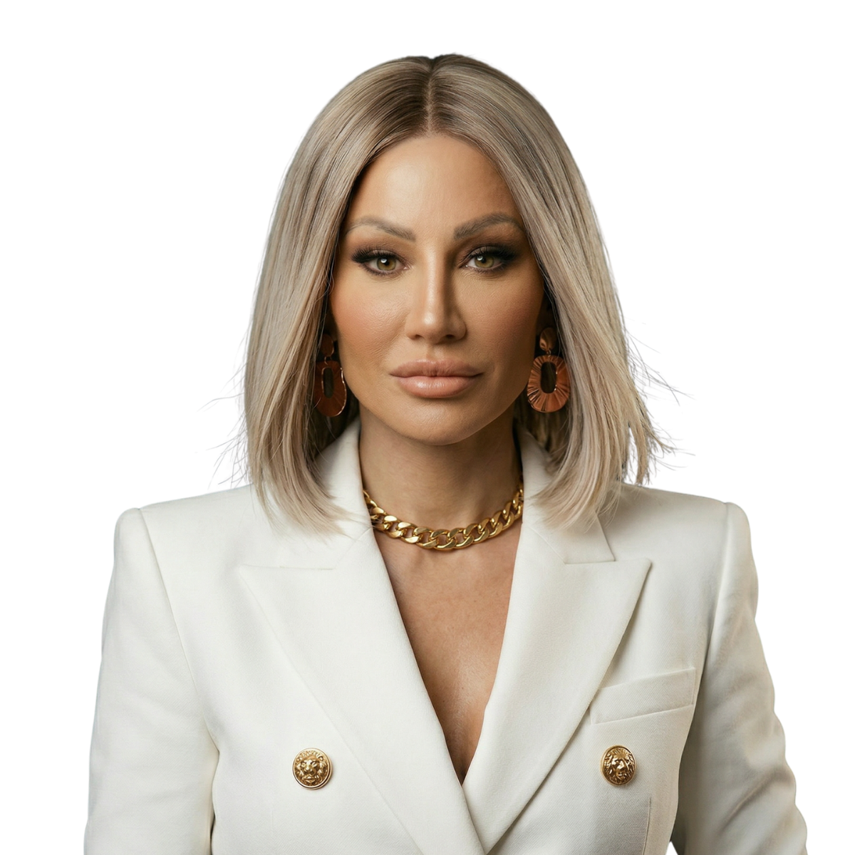 Dr. Sydney Ceruto, neuroscience-trained business advisor, looking at camera. Blonde shoulder-length hair, white blazer, gold chain necklace and earrings.