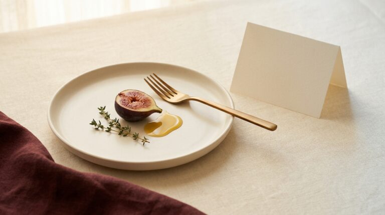 A minimalist cream plate with a halved fig, a sprig of thyme and a pour of honey beside a gold fork and a folded blank menu card on linen