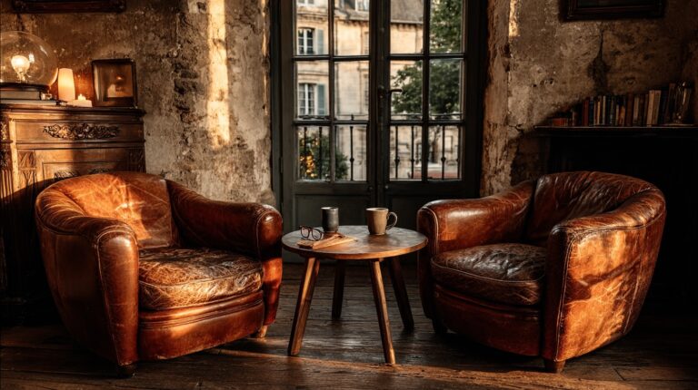 Two worn cognac leather armchairs angled toward each other across a small round wooden table with two cups, in warm golden window light