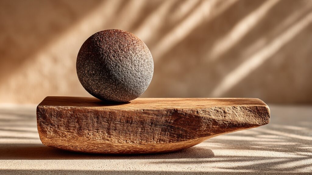 A textured round stone resting on the edge of a warm walnut board in soft golden light, casting a gentle shadow
