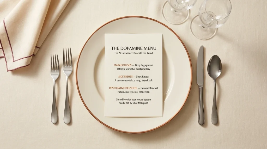 A top-down fine-dining place setting — a copper-rimmed plate holding a printed Dopamine Menu card, with silver cutlery and wine glasses