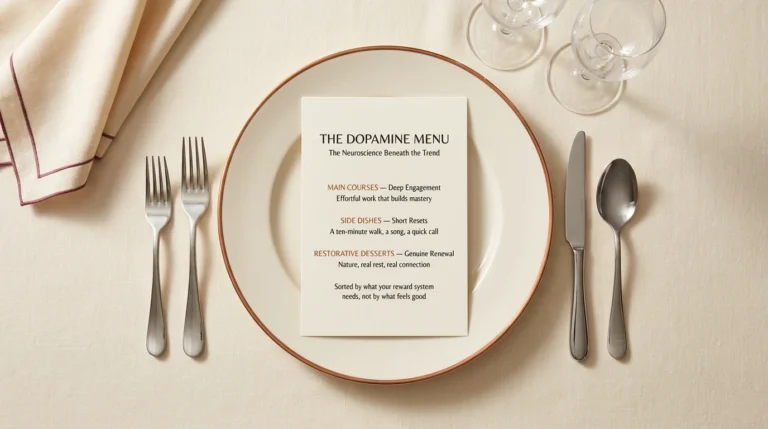 A top-down fine-dining place setting — a copper-rimmed plate holding a printed Dopamine Menu card, with silver cutlery and wine glasses