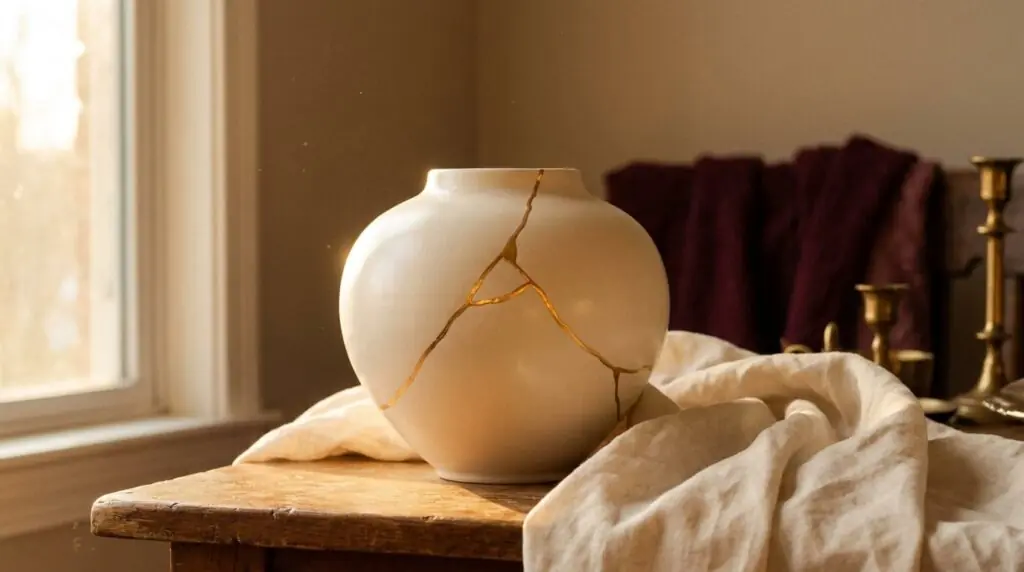 A smooth ivory ceramic vessel mended with a luminous branching gold kintsugi seam, resting on draped cream linen in warm window light, with a deep-burgundy throw and brass candlesticks behind.
