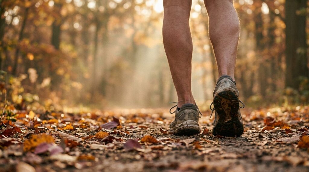 A runner's lower legs and worn trail shoes seen from behind at ground level, mid-stride on a leaf-strewn path in golden early-morning light filtering through autumn trees.