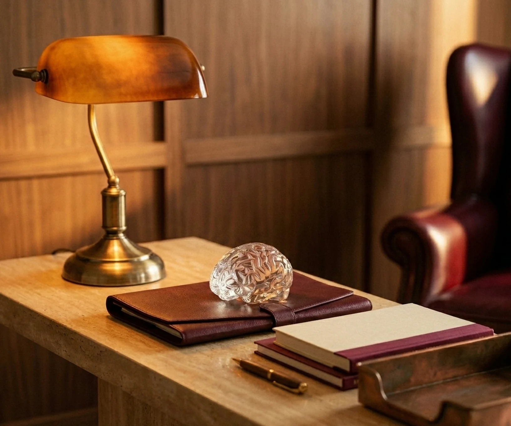Editorial scene — desk, journal, and crystal brain in a dark study