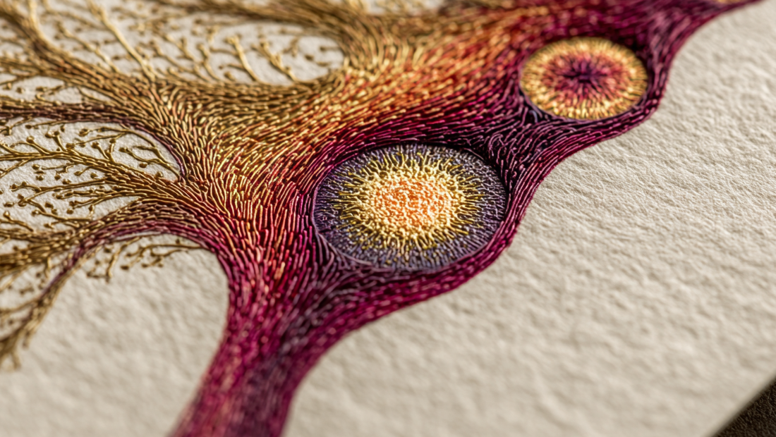Detailed illustration of the brain reward nuclei glowing gold amid fine burgundy fibers, on cream