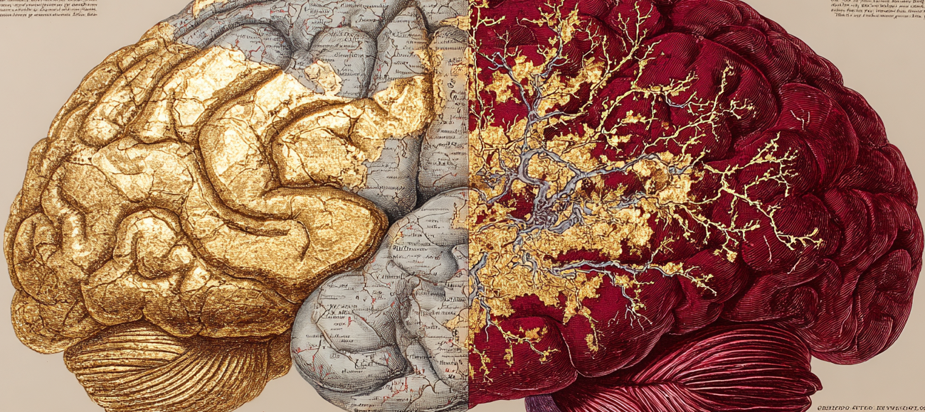 Detailed illustration of a brain in two halves, gold leaf for wanting and deep burgundy for liking, on cream