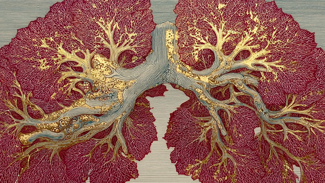 Detailed illustration of two connected brain regions, the insula and anterior cingulate, in deep burgundy and gold filigree on cream