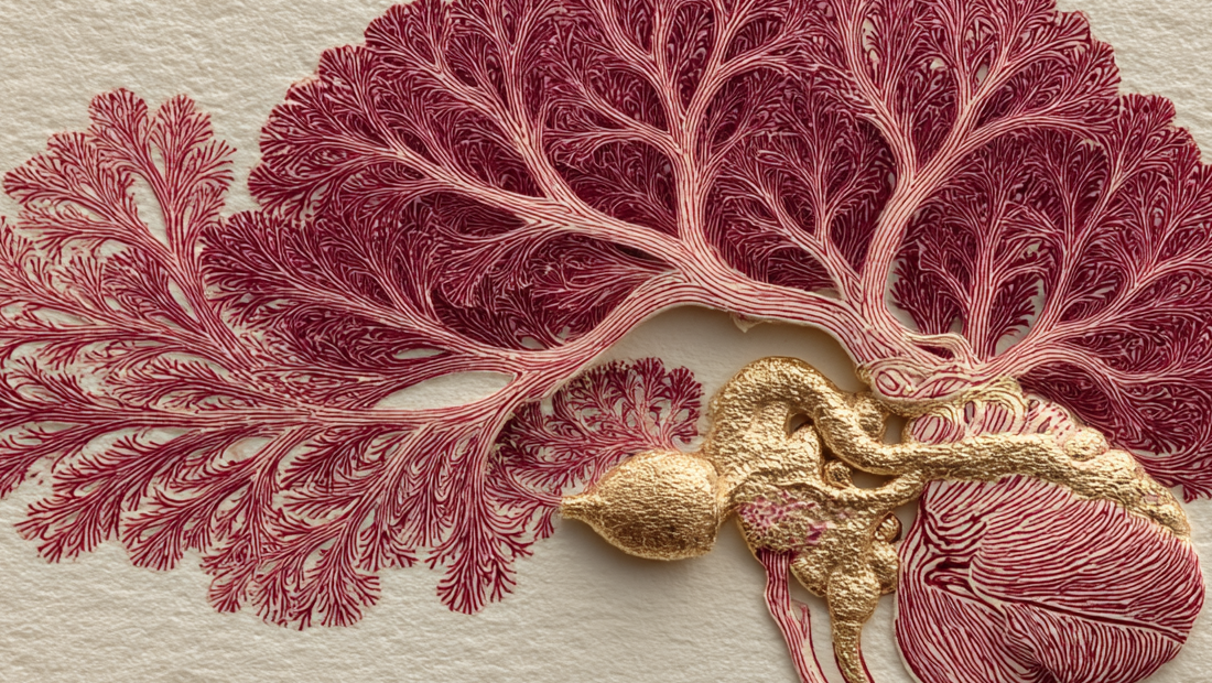 Detailed illustration of a brain in profile rendered in deep burgundy filigree with a gold-leaf brainstem, on cream