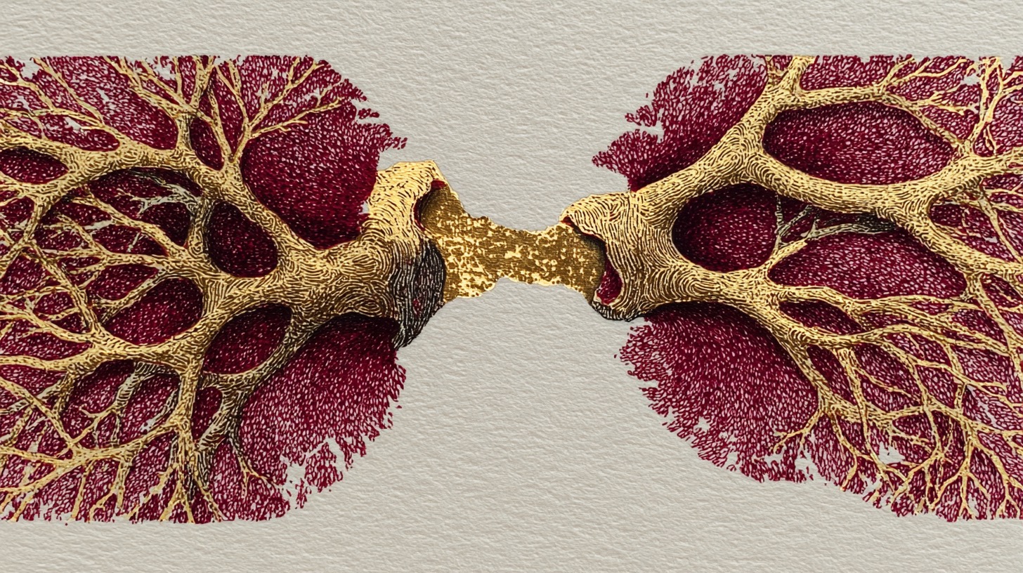 Detailed illustration of a single synapse, two dendritic terminals meeting at a gold spark of transmission, burgundy and gold on cream