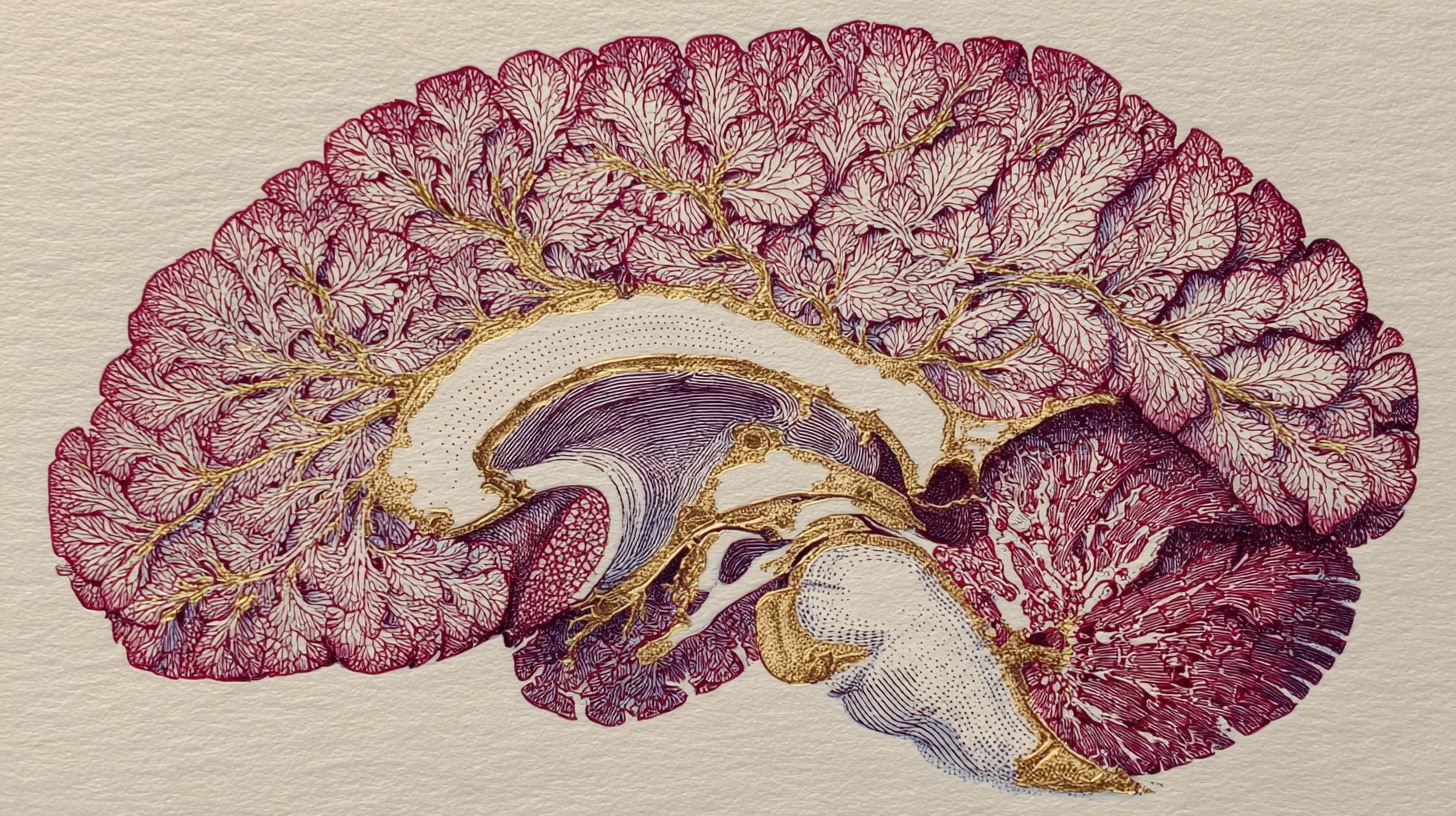 Detailed illustration of a sagittal section of the brain showing the hippocampus, in deep burgundy and gold on cream
